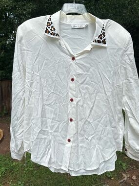 Vintage Nancy crystal Button-Up Blouse with Leopard Trim